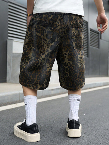 Manfinity EMRG Plus Size Men's Street Fashion Casual Camouflage Leopard Print Distressed Denim Shorts