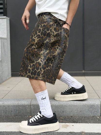 Manfinity EMRG Plus Size Men's Street Fashion Casual Camouflage Leopard Print Distressed Denim Shorts