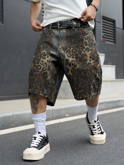 Manfinity EMRG Plus Size Men's Street Fashion Casual Camouflage Leopard Print Distressed Denim Shorts