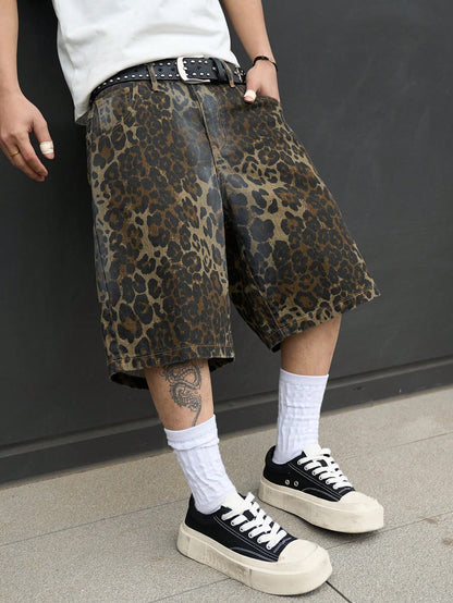 Manfinity EMRG Plus Size Men's Street Fashion Casual Camouflage Leopard Print Distressed Denim Shorts