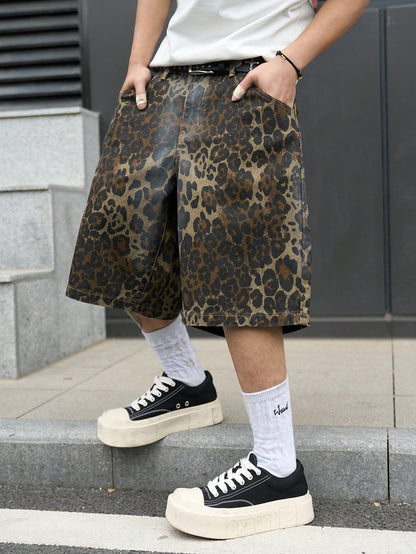 Manfinity EMRG Plus Size Men's Street Fashion Casual Camouflage Leopard Print Distressed Denim Shorts