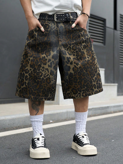 Manfinity EMRG Plus Size Men's Street Fashion Casual Camouflage Leopard Print Distressed Denim Shorts