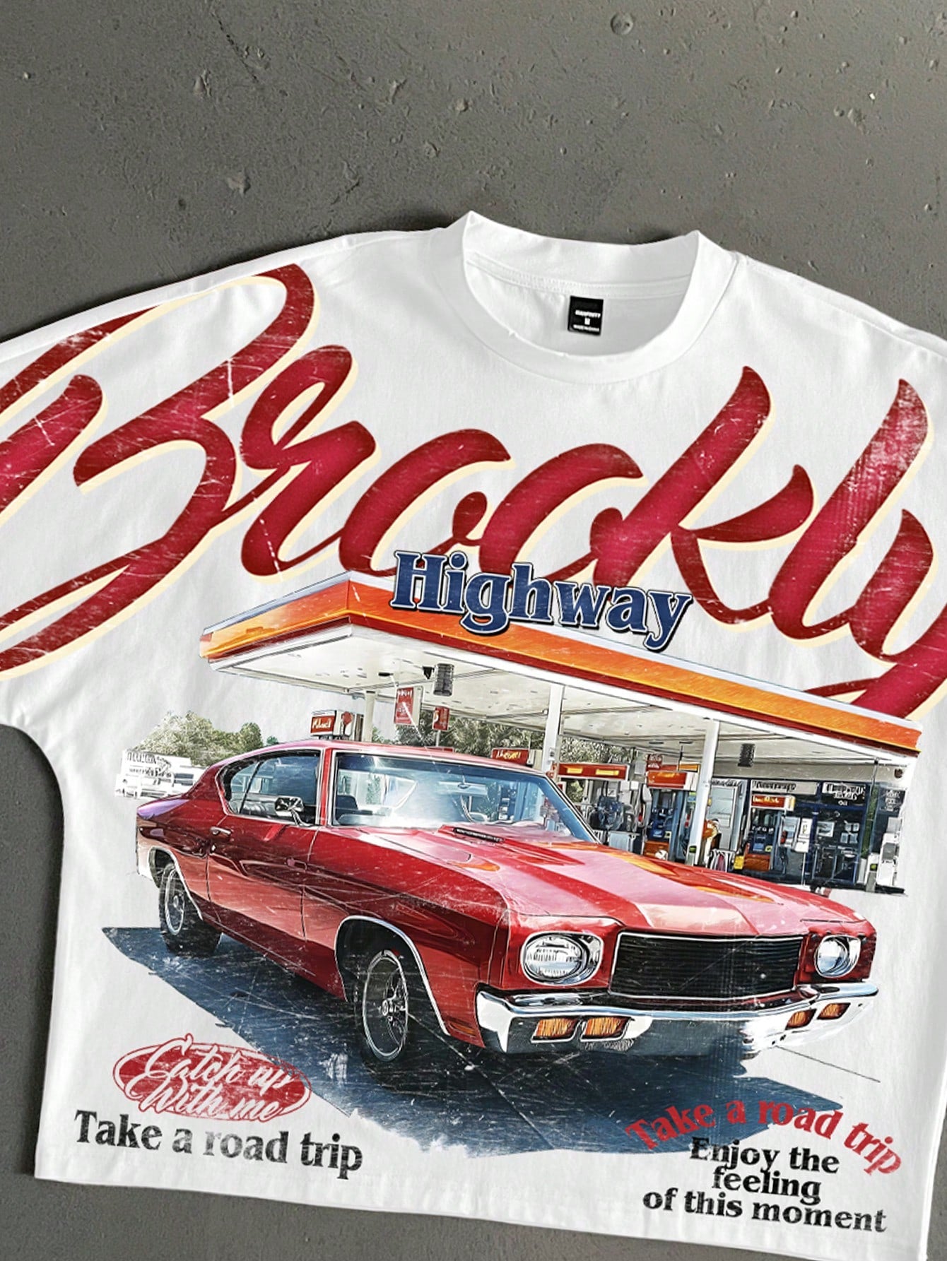 Manfinity Roghcode Retro American Gas Station Shop Print Loose Fit Batwing Sleeve Cropped T-Shirt For Men,White,Summer,Streetwear,City Break,Fashionable Gift For Him