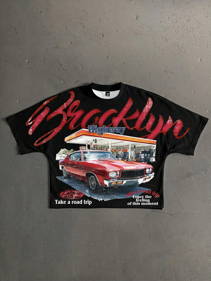 Manfinity Roghcode Retro American Gas Station Shop Print Loose Fit Batwing Sleeve Cropped T-Shirt For Men,White,Summer,Streetwear,City Break,Fashionable Gift For Him