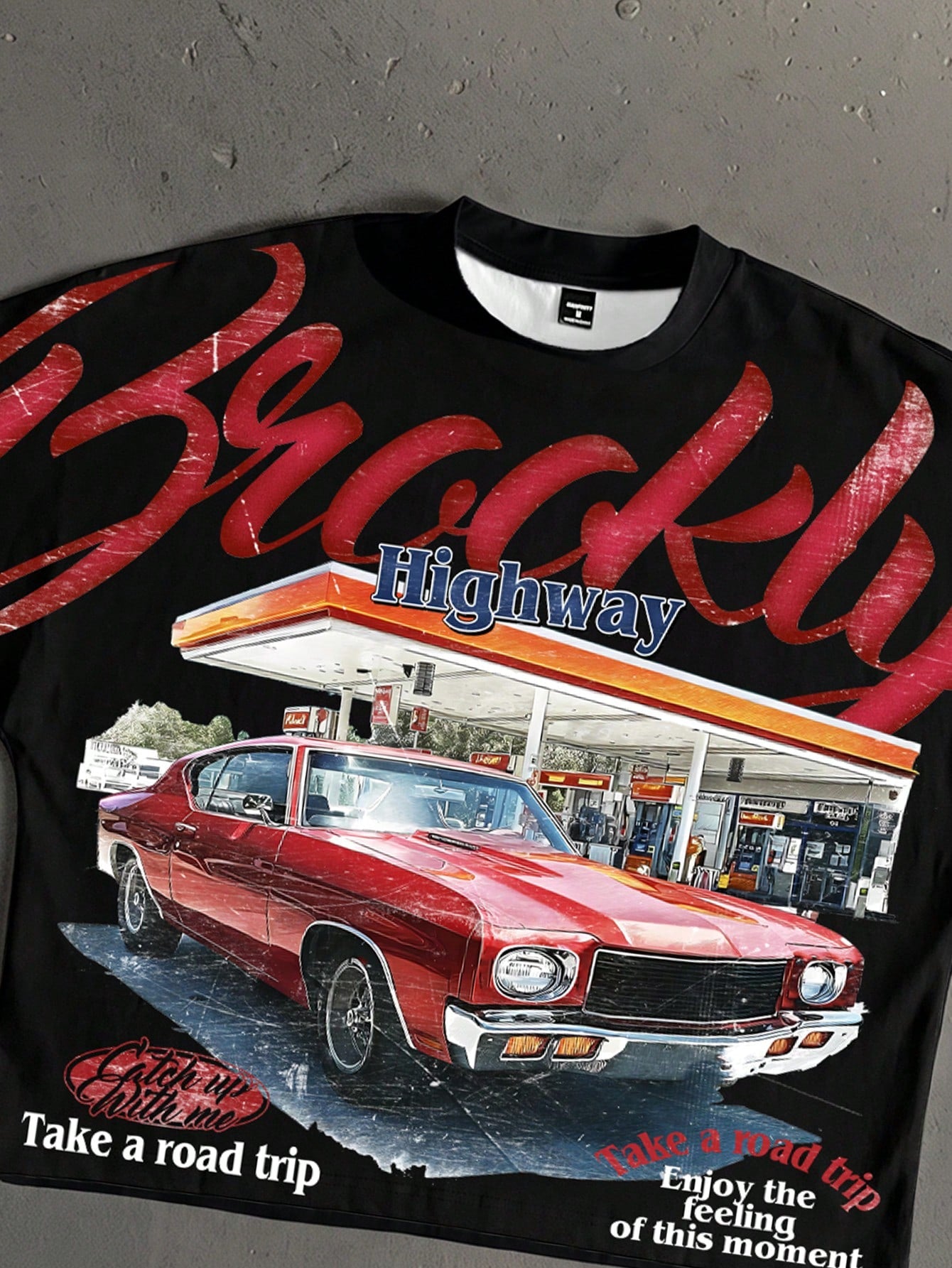 Manfinity Roghcode Retro American Gas Station Shop Print Loose Fit Batwing Sleeve Cropped T-Shirt For Men,White,Summer,Streetwear,City Break,Fashionable Gift For Him