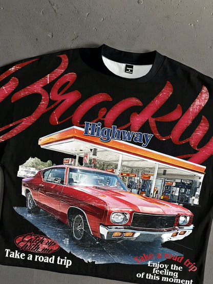 Manfinity Roghcode Retro American Gas Station Shop Print Loose Fit Batwing Sleeve Cropped T-Shirt For Men,White,Summer,Streetwear,City Break,Fashionable Gift For Him