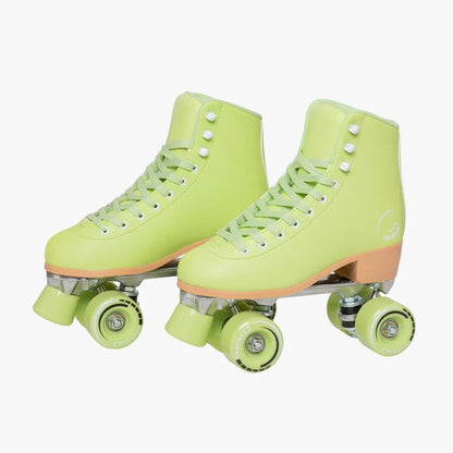 Pair of neon green roller skates with white laces on a white background