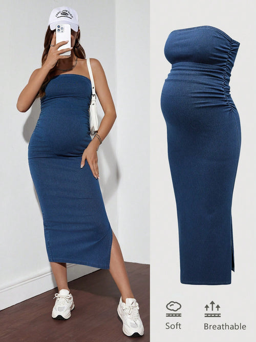 Maternity Denim Bodycon Dress, Strapless, Blue Fall