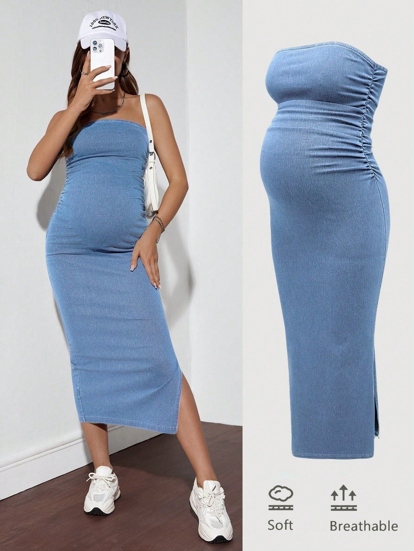 Maternity Denim Bodycon Dress, Strapless, Blue Fall