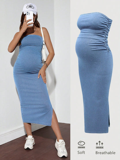 Maternity Denim Bodycon Dress, Strapless, Blue Fall