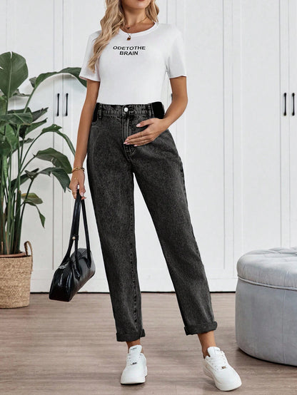 Maternity High Waist Casual Commuter Tapered Cuffed Jeans
