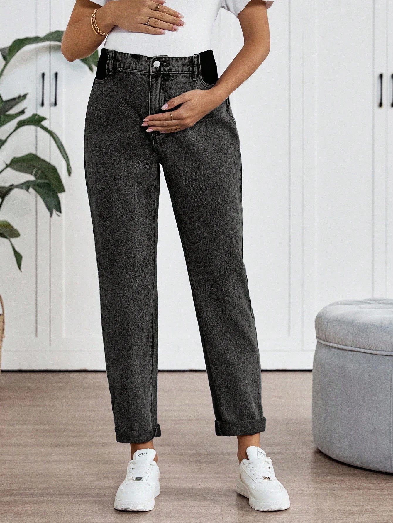 Maternity High Waist Casual Commuter Tapered Cuffed Jeans