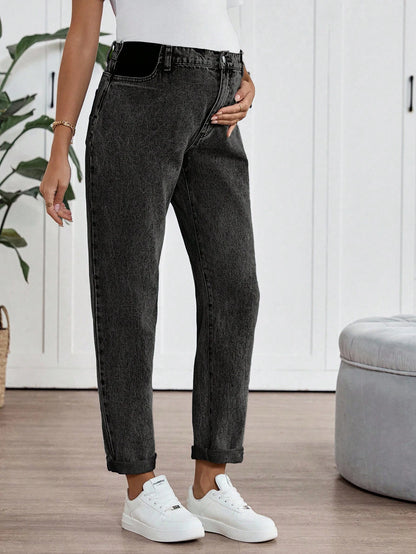 Maternity High Waist Casual Commuter Tapered Cuffed Jeans