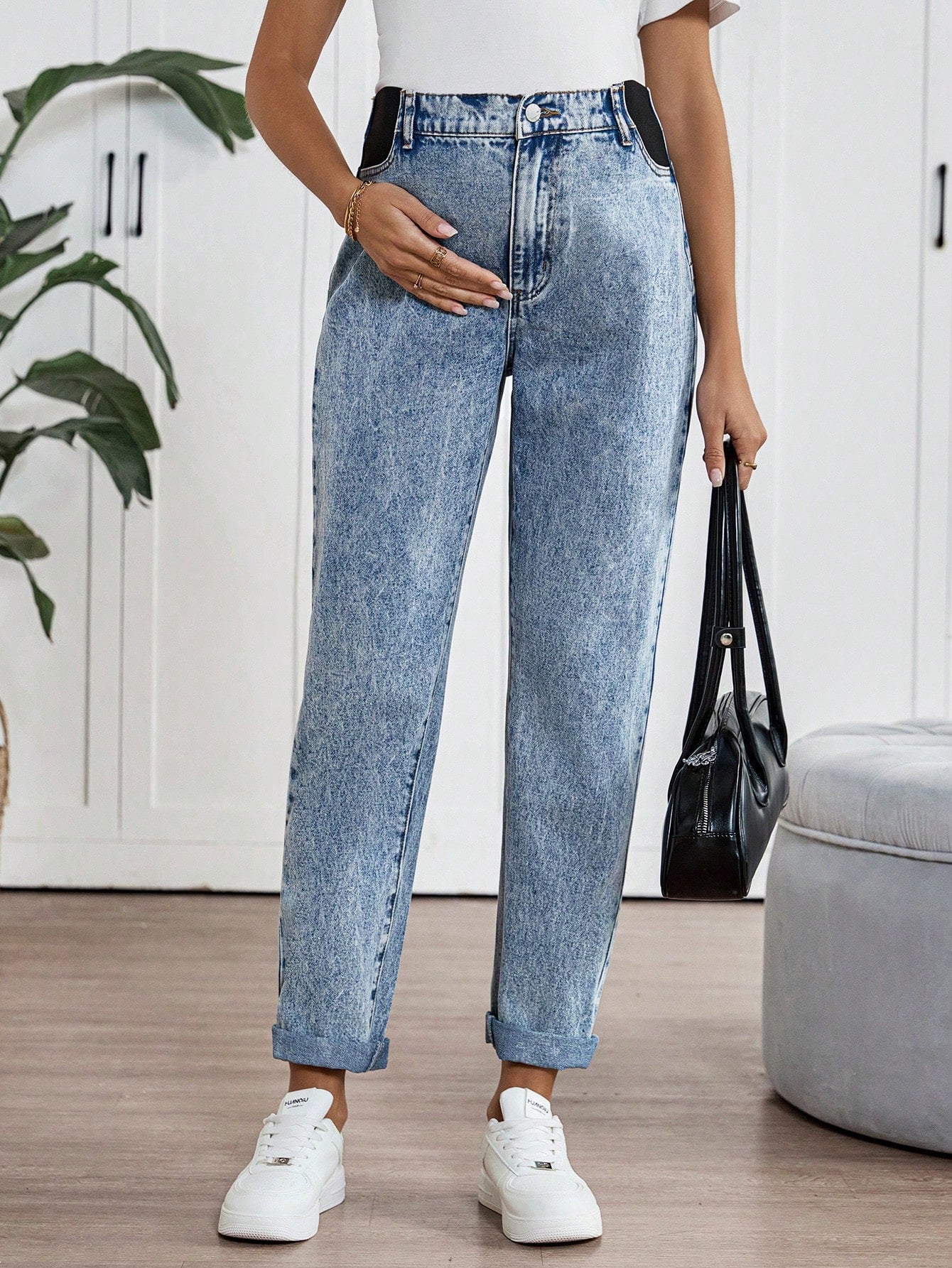 Maternity High Waist Casual Commuter Tapered Cuffed Jeans