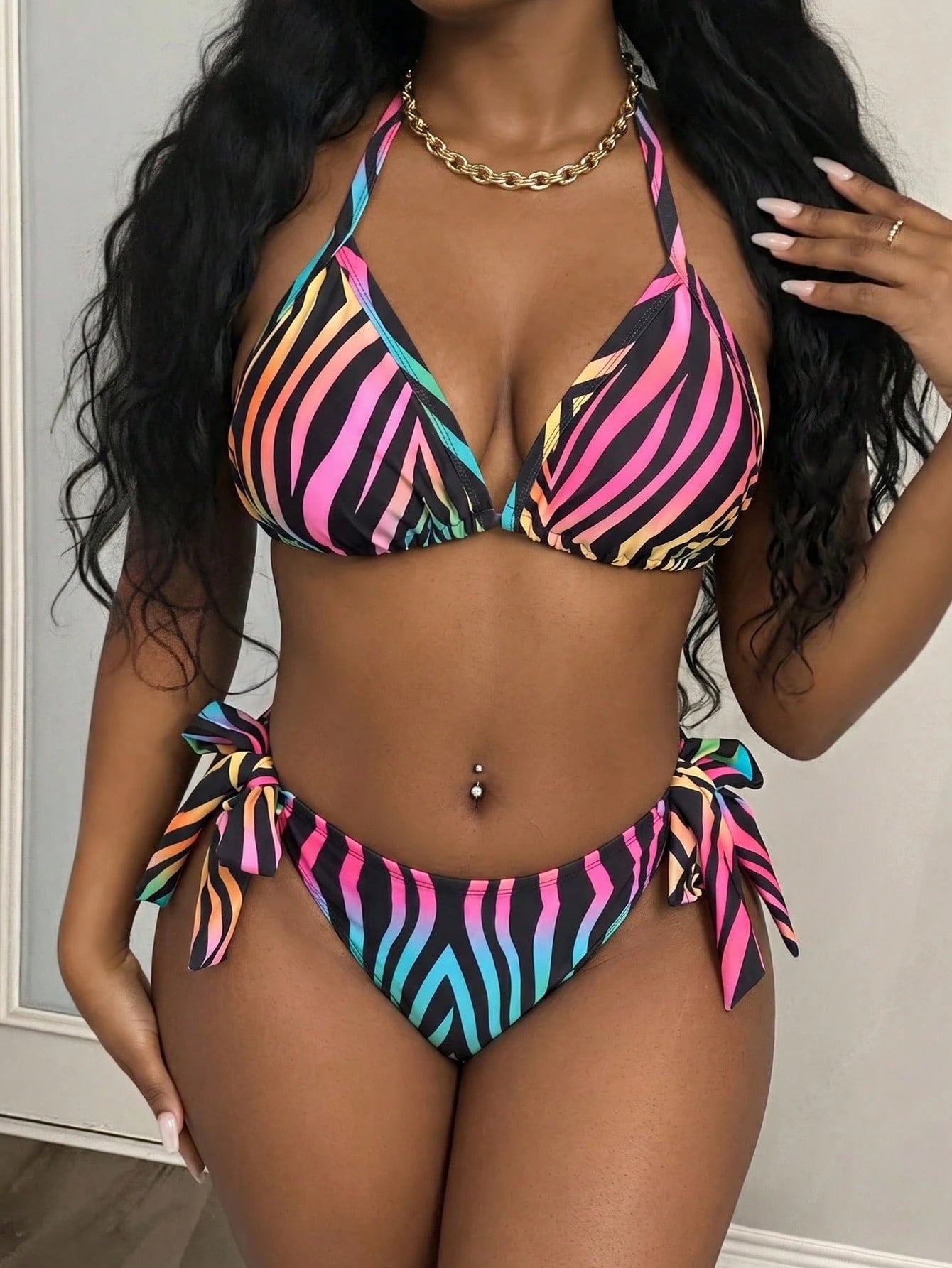 Maweii Plus Size Contrasting Zebra Print Halter Cami Strap Fashion Summer Bikini Set Set Vacation Beach