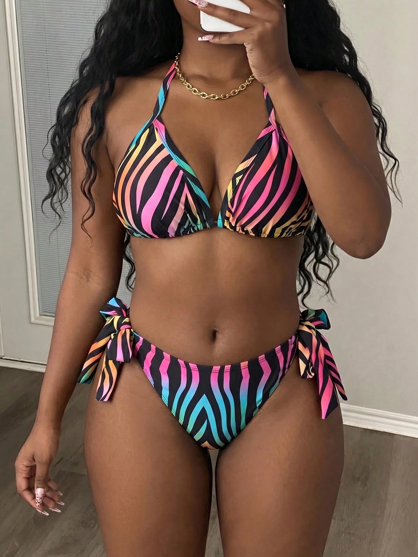 Maweii Plus Size Contrasting Zebra Print Halter Cami Strap Fashion Summer Bikini Set Set Vacation Beach