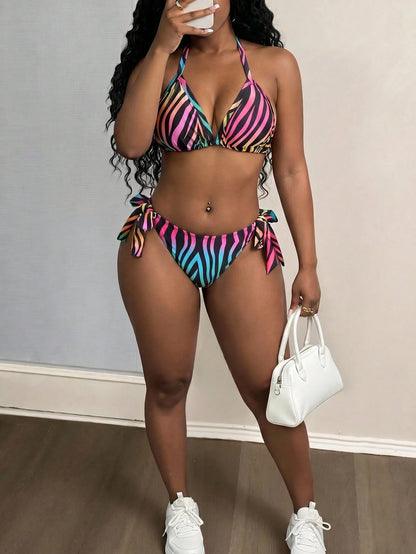 Maweii Plus Size Contrasting Zebra Print Halter Cami Strap Fashion Summer Bikini Set Set Vacation Beach
