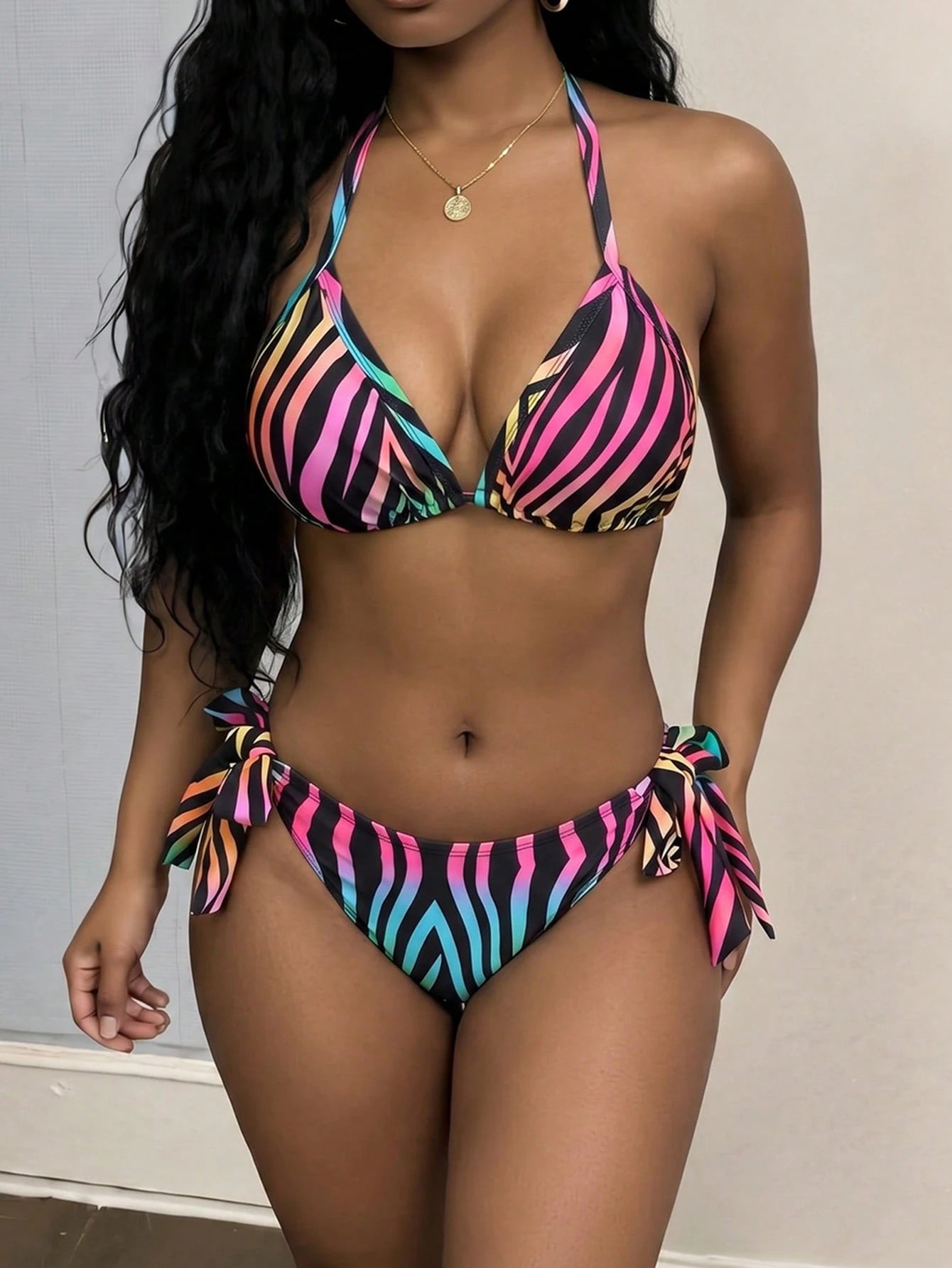 Maweii Plus Size Contrasting Zebra Print Halter Cami Strap Fashion Summer Bikini Set Set Vacation Beach