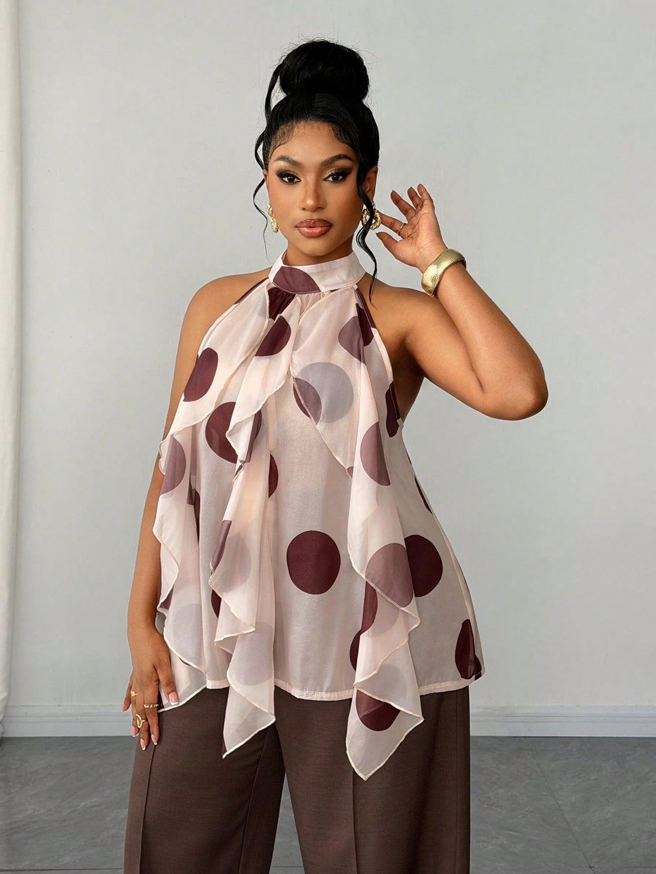 Maweii Plus Size Retro French Polka Dot Ruffle Hem Blouse