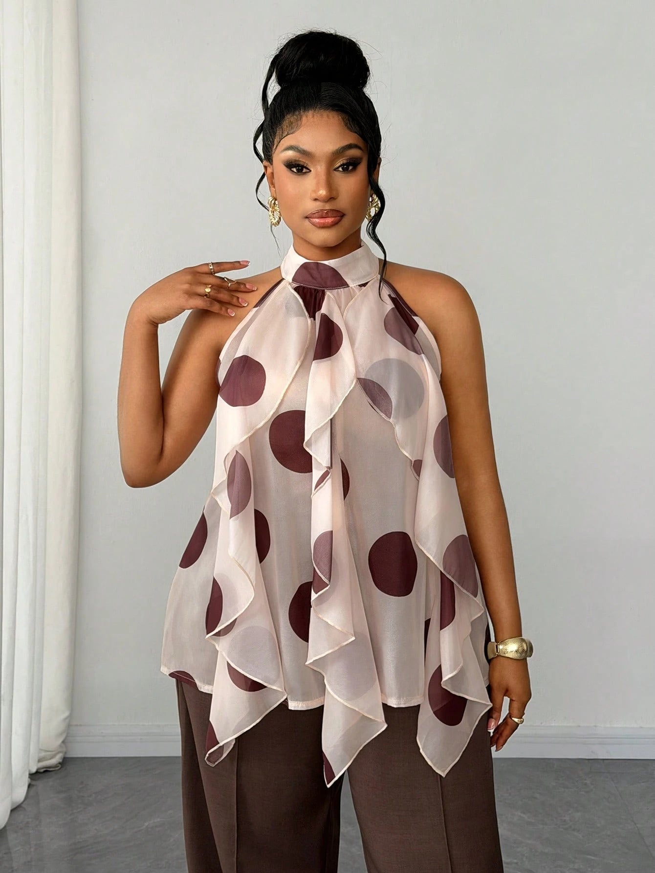 Maweii Plus Size Retro French Polka Dot Ruffle Hem Blouse