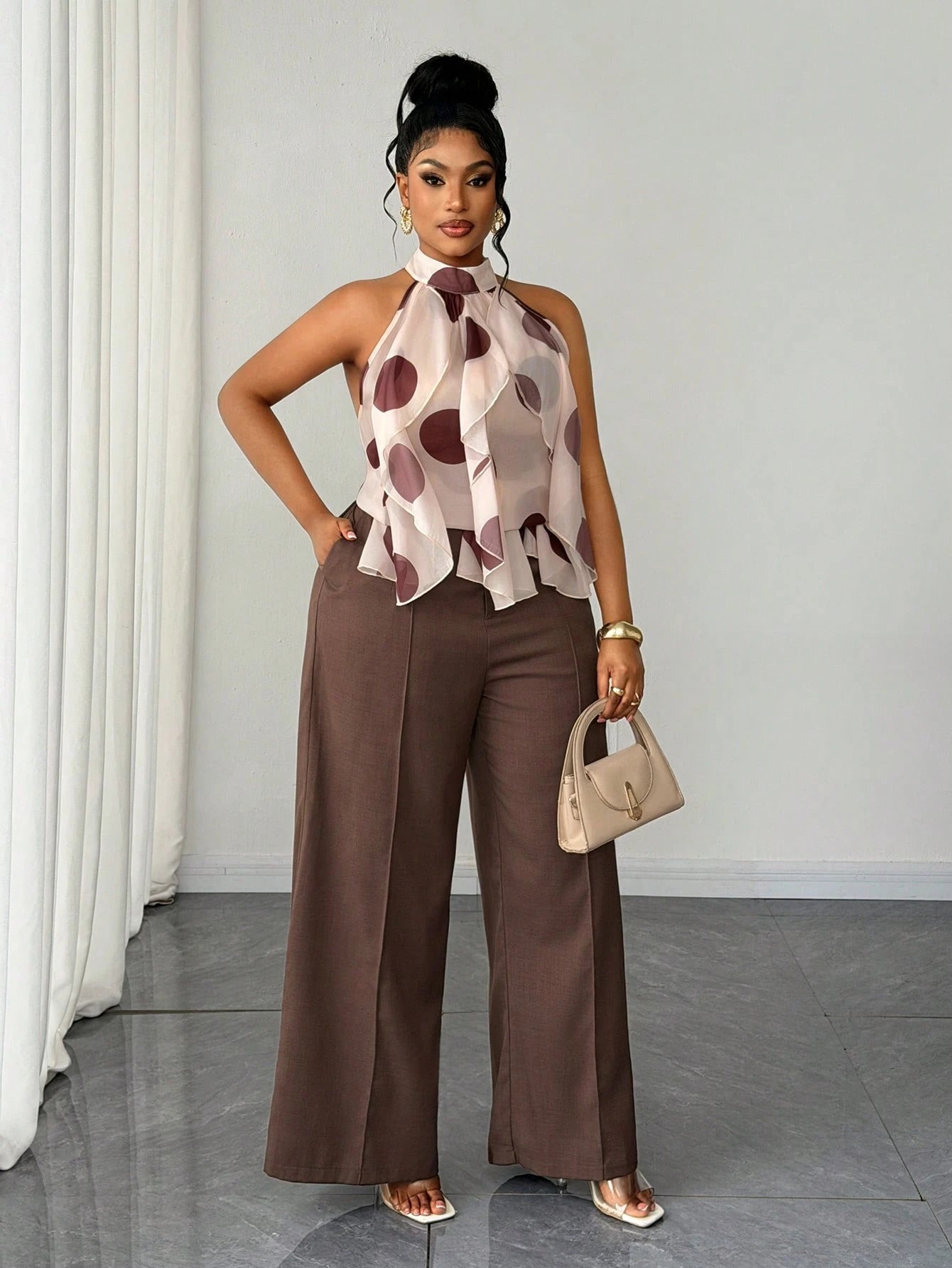 Maweii Plus Size Retro French Polka Dot Ruffle Hem Blouse