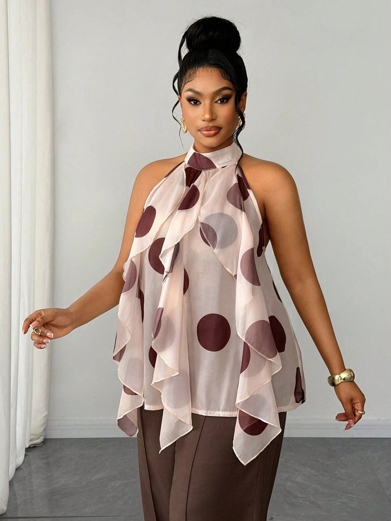 Maweii Plus Size Retro French Polka Dot Ruffle Hem Blouse