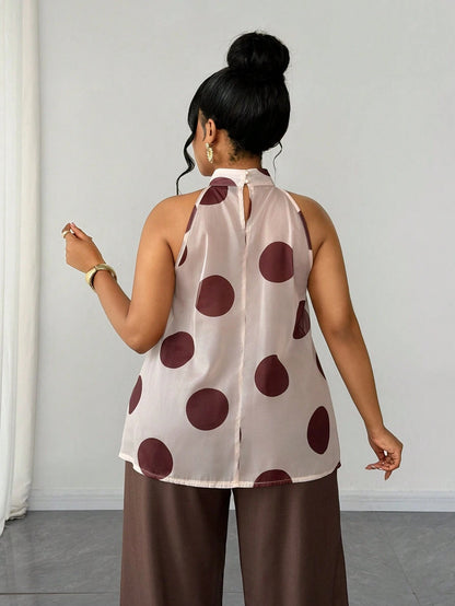 Maweii Plus Size Retro French Polka Dot Ruffle Hem Blouse