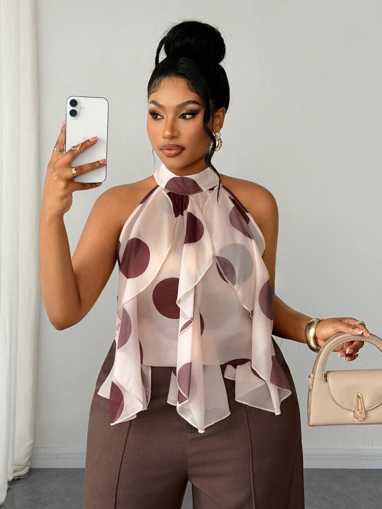 Maweii Plus Size Retro French Polka Dot Ruffle Hem Blouse