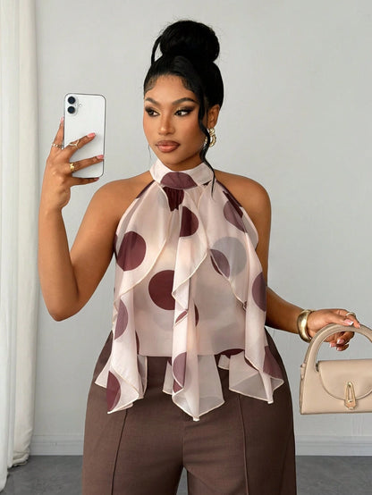 Maweii Plus Size Retro French Polka Dot Ruffle Hem Blouse