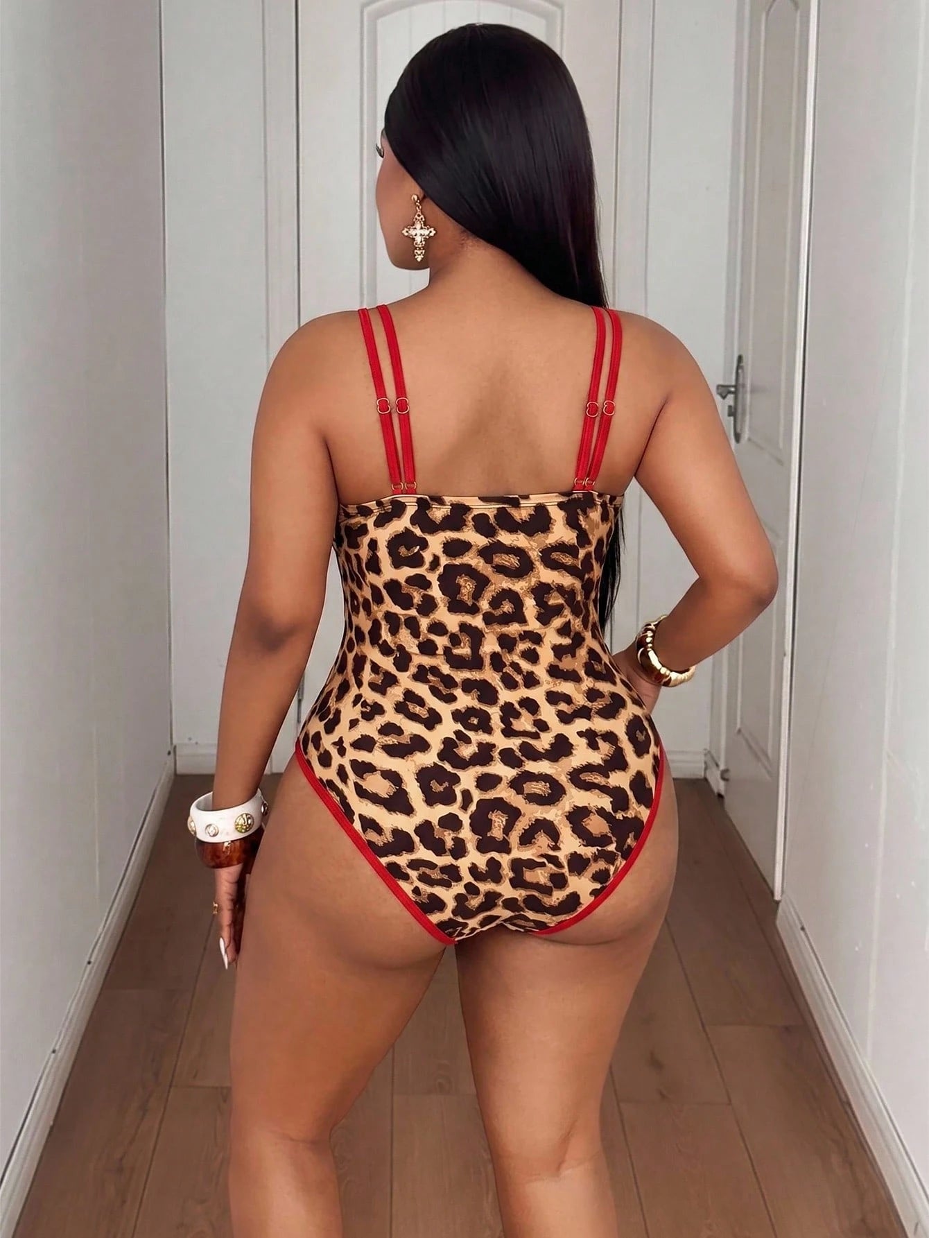 Maweii Plus Size Women's Leopard Print Deep V-Neck Sexy Beach Vacation One-Piece Swimsuit Summer