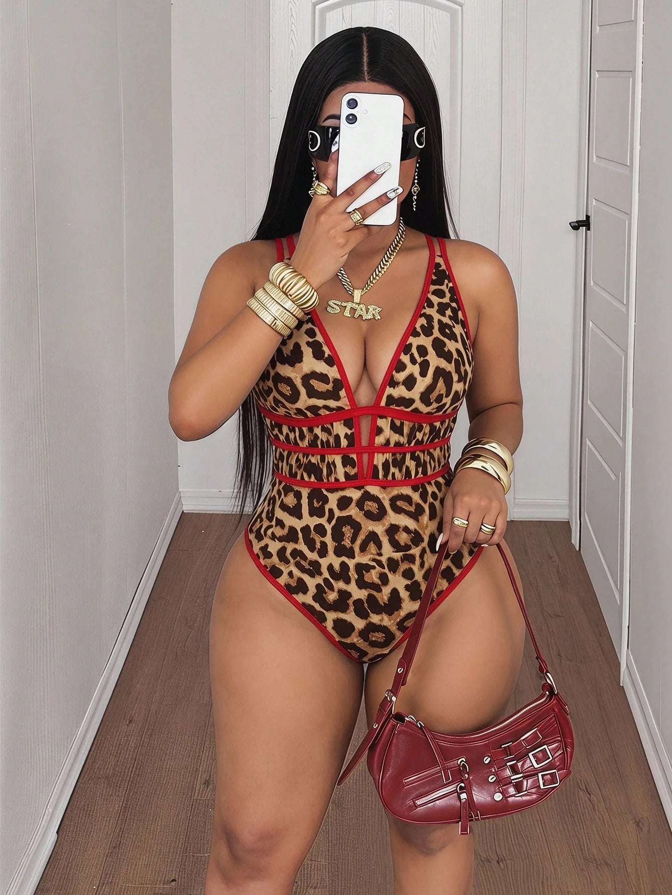 Maweii Plus Size Women's Leopard Print Deep V-Neck Sexy Beach Vacation One-Piece Swimsuit Summer