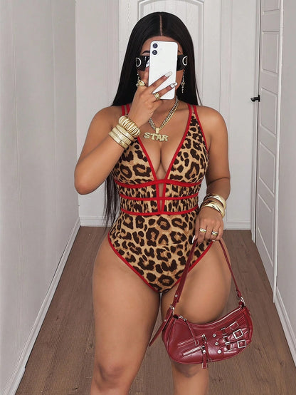 Maweii Plus Size Women's Leopard Print Deep V-Neck Sexy Beach Vacation One-Piece Swimsuit Summer