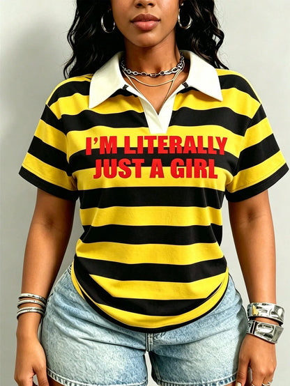 Maweii Women's Letter & Stripe Print Crew Neck Short Sleeve Casual T-Shirt, Sexy & Plaid Stripe Casual Style, Perfect For Women's Vacation And Summer Outings