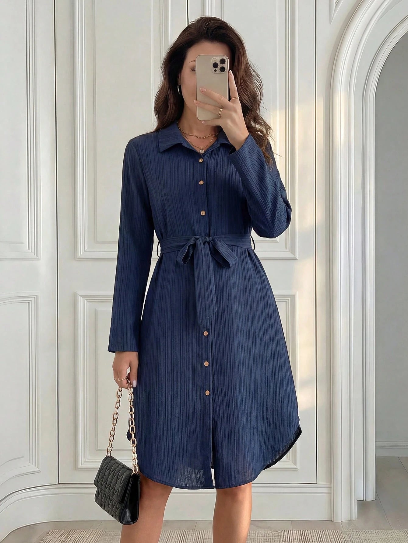 Medorina Women's Shirt Style Long Sleeve Dresses For Women Elegant Teachers' Day Office Navy Blue Autumn