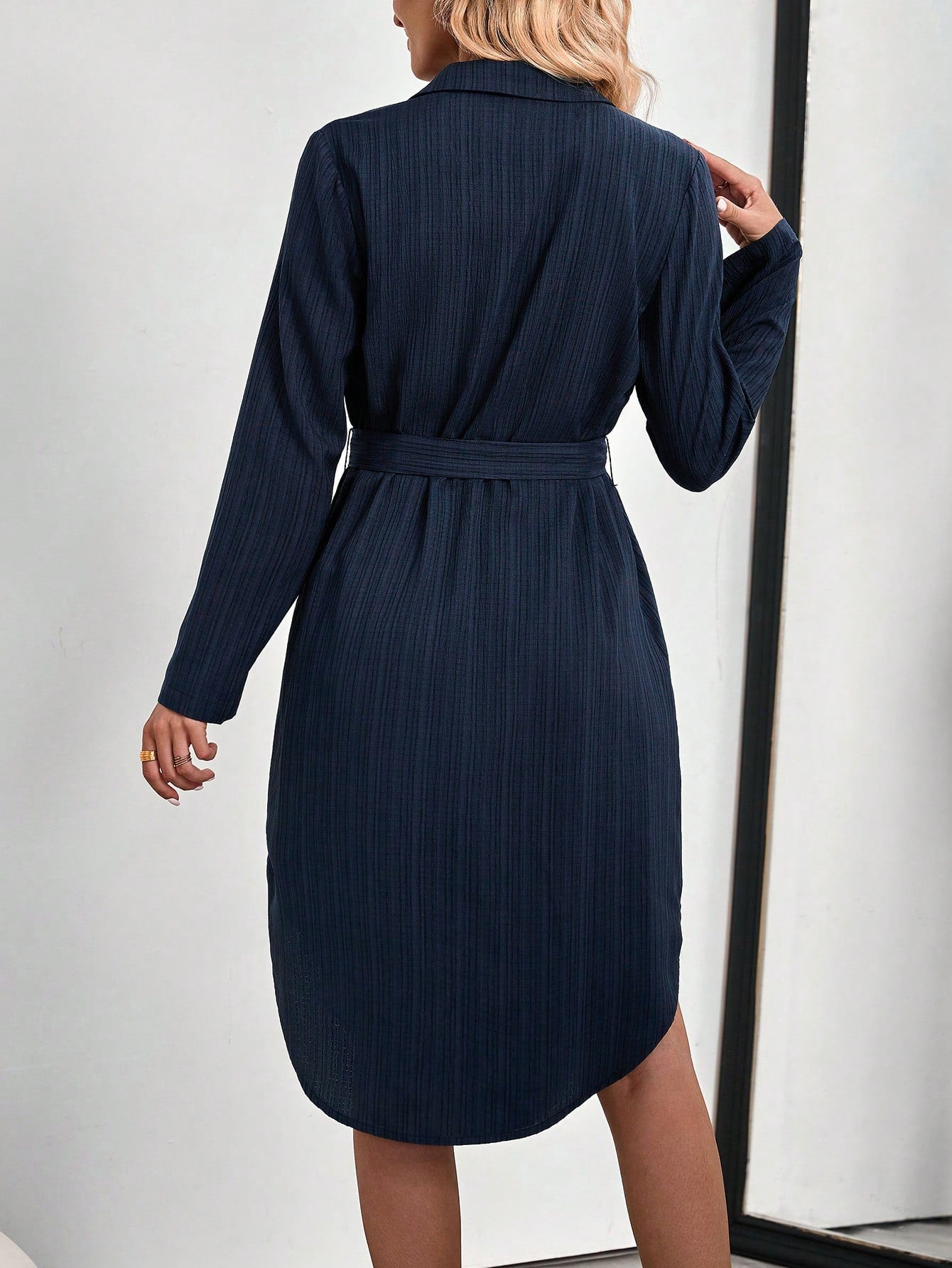 Medorina Women's Shirt Style Long Sleeve Dresses For Women Elegant Teachers' Day Office Navy Blue Autumn