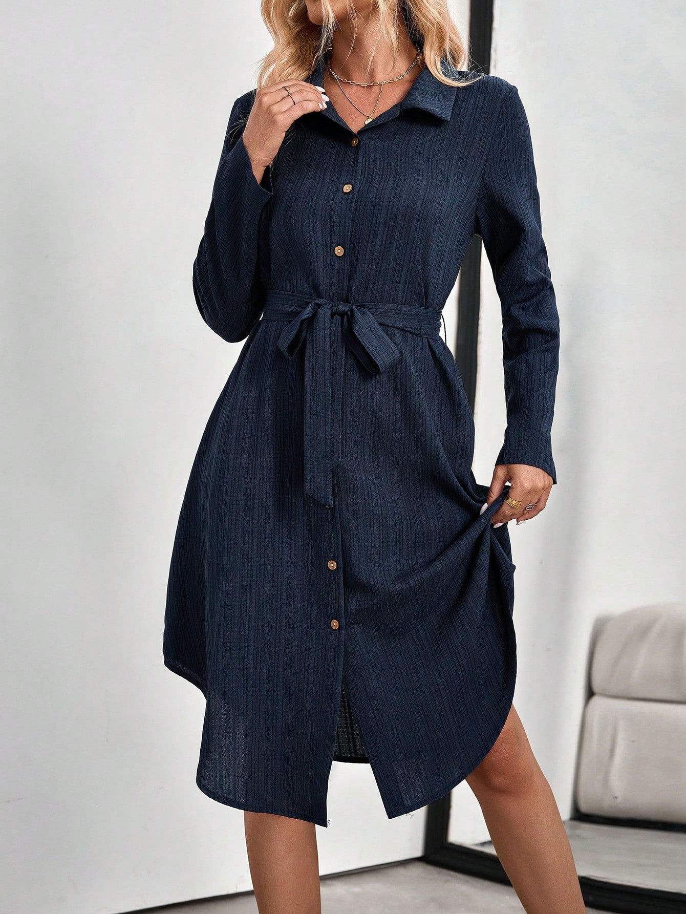 Medorina Women's Shirt Style Long Sleeve Dresses For Women Elegant Teachers' Day Office Navy Blue Autumn