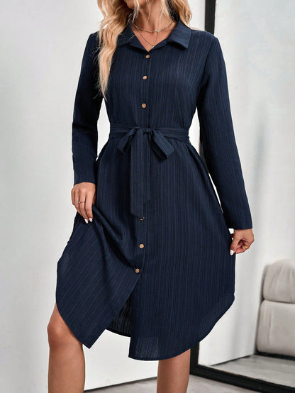 Medorina Women's Shirt Style Long Sleeve Dresses For Women Elegant Teachers' Day Office Navy Blue Autumn
