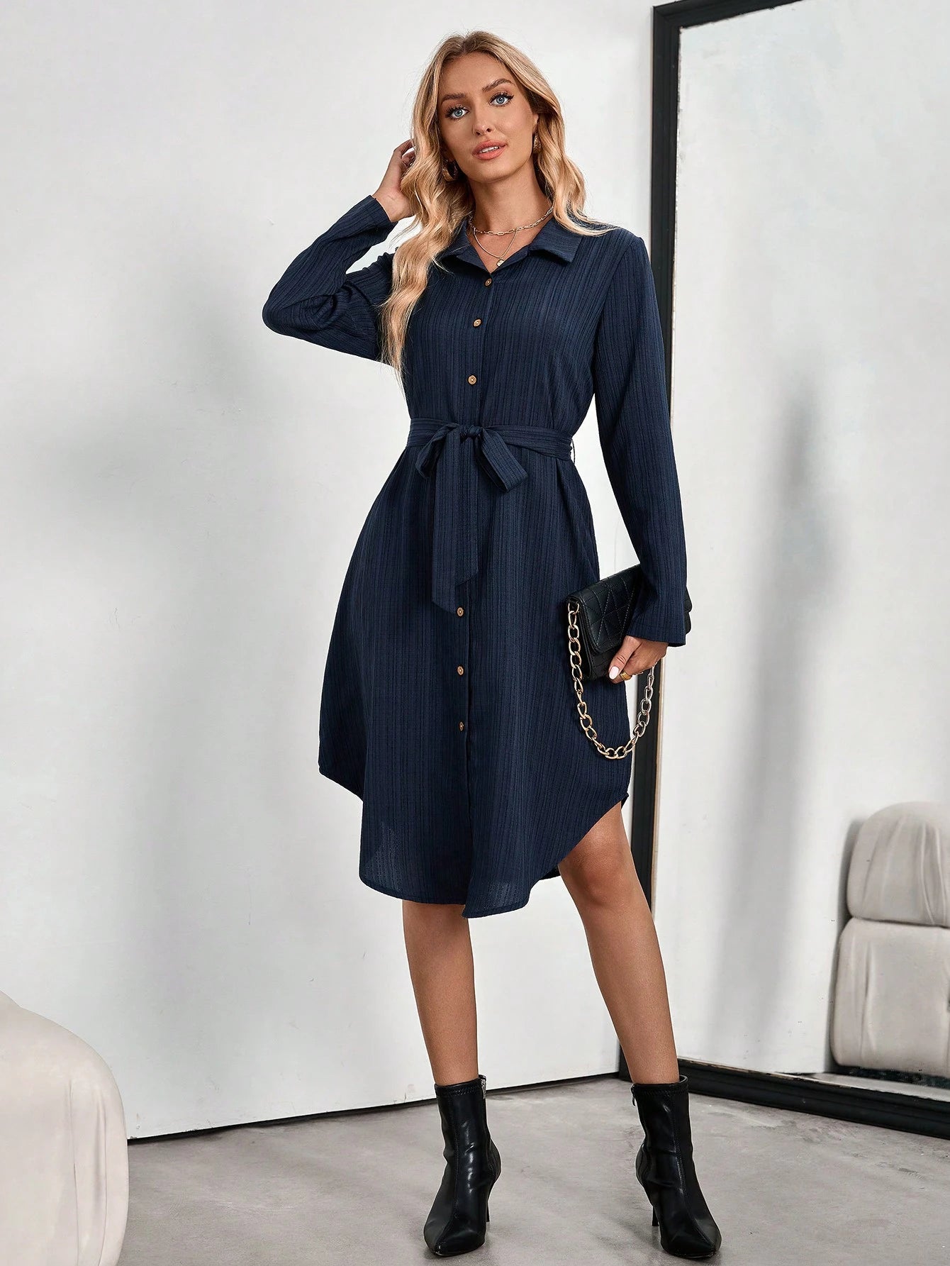 Medorina Women's Shirt Style Long Sleeve Dresses For Women Elegant Teachers' Day Office Navy Blue Autumn