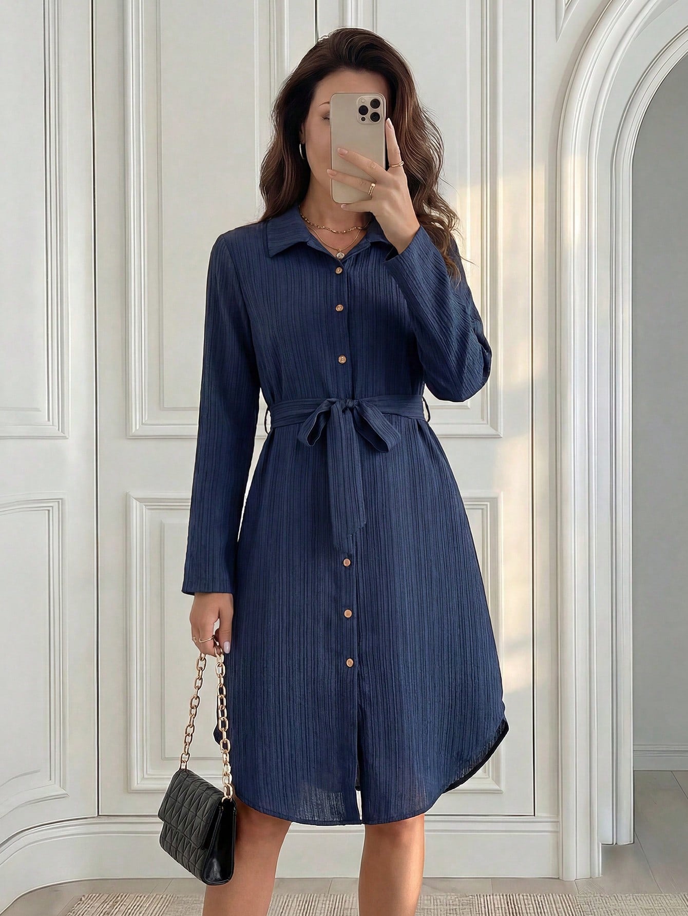 Medorina Women's Shirt Style Long Sleeve Dresses For Women Elegant Teachers' Day Office Navy Blue Autumn