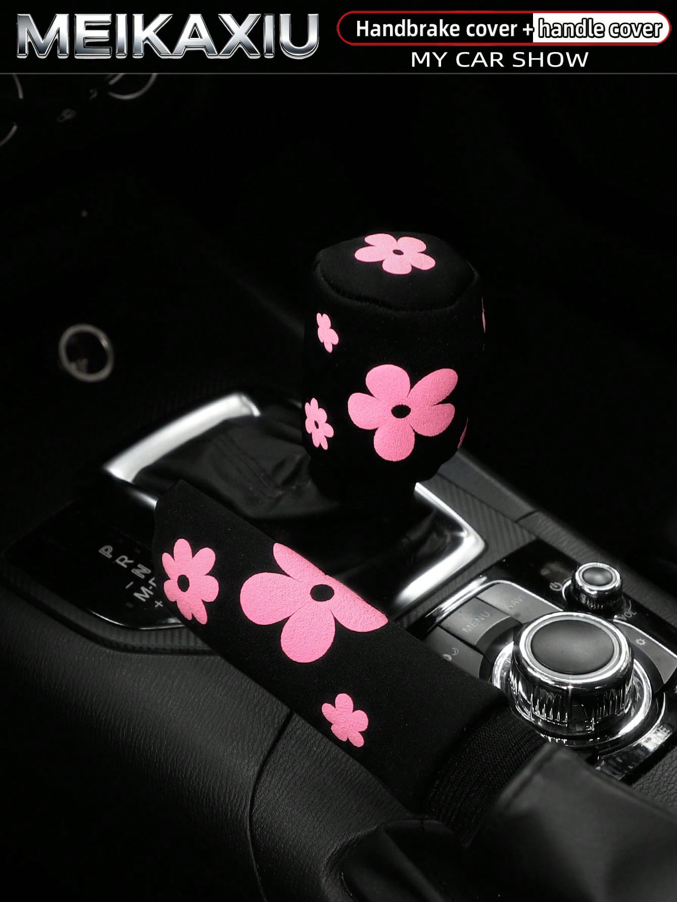 MEIKAXIU 1 Set (2pcs) 3D Puff Embroidery Fabric Car Handbrake Cover, Gear Shift Knob Cover, Steering Wheel Cover Set, Car Interior Accessories, For Women