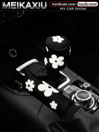 MEIKAXIU 1 Set (2pcs) 3D Puff Embroidery Fabric Car Handbrake Cover, Gear Shift Knob Cover, Steering Wheel Cover Set, Car Interior Accessories, For Women