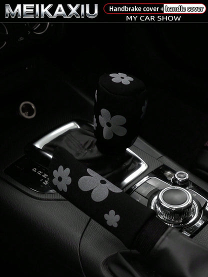 MEIKAXIU 1 Set (2pcs) 3D Puff Embroidery Fabric Car Handbrake Cover, Gear Shift Knob Cover, Steering Wheel Cover Set, Car Interior Accessories, For Women