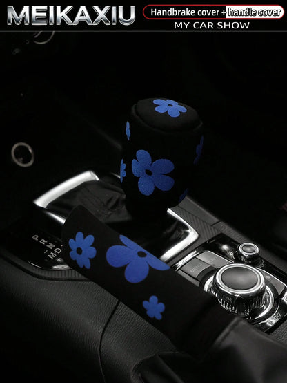 MEIKAXIU 1 Set (2pcs) 3D Puff Embroidery Fabric Car Handbrake Cover, Gear Shift Knob Cover, Steering Wheel Cover Set, Car Interior Accessories, For Women