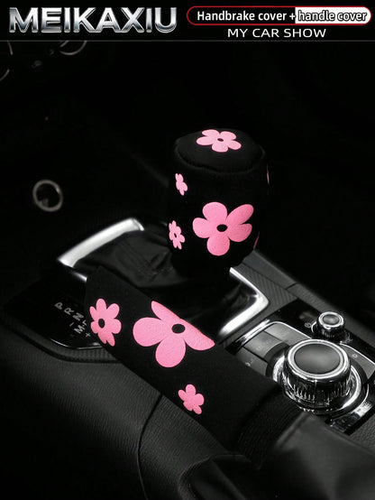 MEIKAXIU 1 Set (2pcs) 3D Puff Embroidery Fabric Car Handbrake Cover, Gear Shift Knob Cover, Steering Wheel Cover Set, Car Interior Accessories, For Women