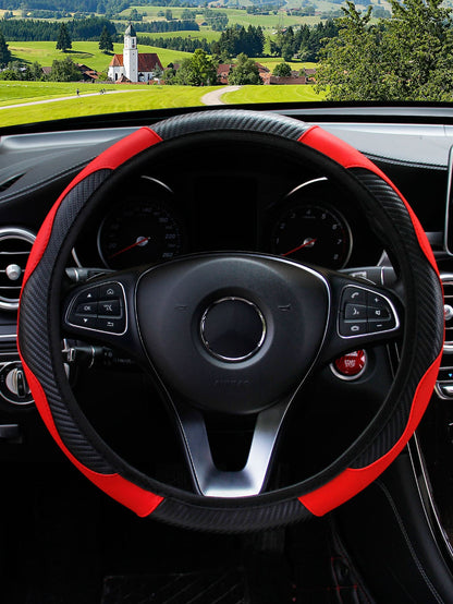 MEIKAXIU 1pc Carbon Fiber Leather Comfortable Steering Wheel Cover, Fits 14.5-15 Inches Steering Wheel, Unisex Auto Interior Accessories For All Seasons
