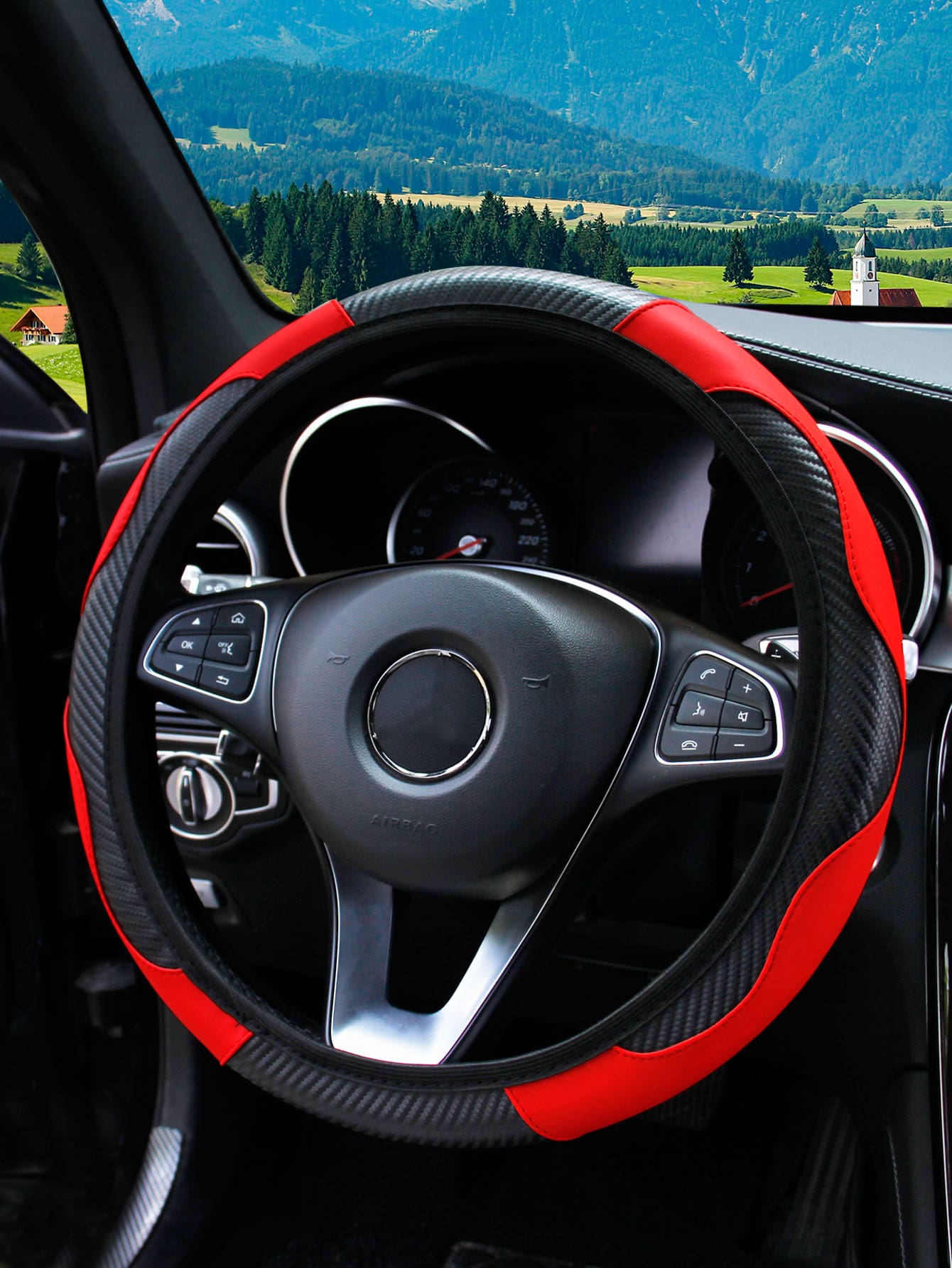 MEIKAXIU 1pc Carbon Fiber Leather Comfortable Steering Wheel Cover, Fits 14.5-15 Inches Steering Wheel, Unisex Auto Interior Accessories For All Seasons