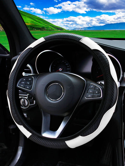 MEIKAXIU 1pc Carbon Fiber PU Leather Comfortable No-Inner Circle Car Steering Wheel Cover, Fit 14.5-15 Inch Steering Wheel, Auto Interior Accessories, Unisex All Seasons Universal Use