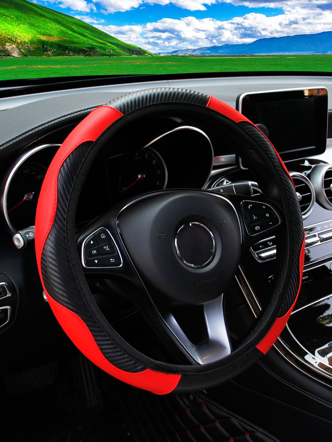 MEIKAXIU 1pc Carbon Fiber PU Leather Comfortable No-Inner Circle Car Steering Wheel Cover, Fit 14.5-15 Inch Steering Wheel, Auto Interior Accessories, Unisex All Seasons Universal Use