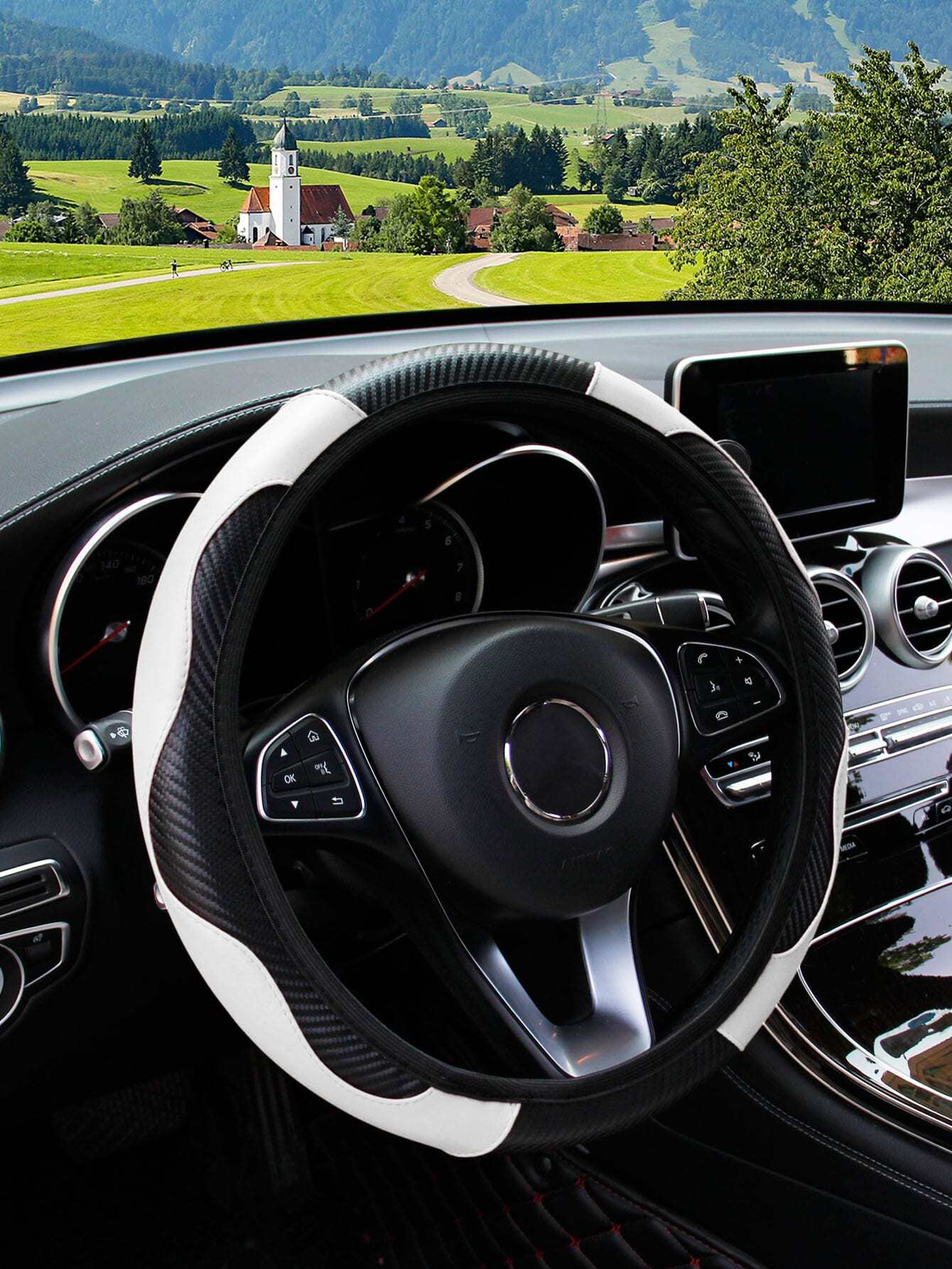 MEIKAXIU 1pc Carbon Fiber PU Leather Comfortable No-Inner Circle Car Steering Wheel Cover, Fit 14.5-15 Inch Steering Wheel, Auto Interior Accessories, Unisex All Seasons Universal Use