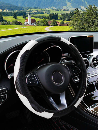 MEIKAXIU 1pc Carbon Fiber PU Leather Comfortable No-Inner Circle Car Steering Wheel Cover, Fit 14.5-15 Inch Steering Wheel, Auto Interior Accessories, Unisex All Seasons Universal Use